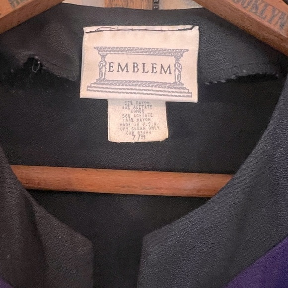 Vintage EMBLEM Black Blazer w Gold Zipper, Purple and Green Color Block Sz 7/8 - Picture 2 of 7